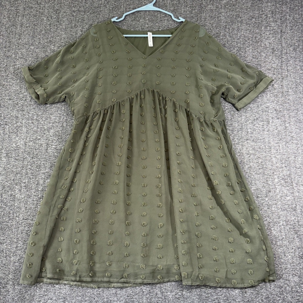 Zenana Size Large Green Swiss Dot Babydoll V-Neck Lined Dress